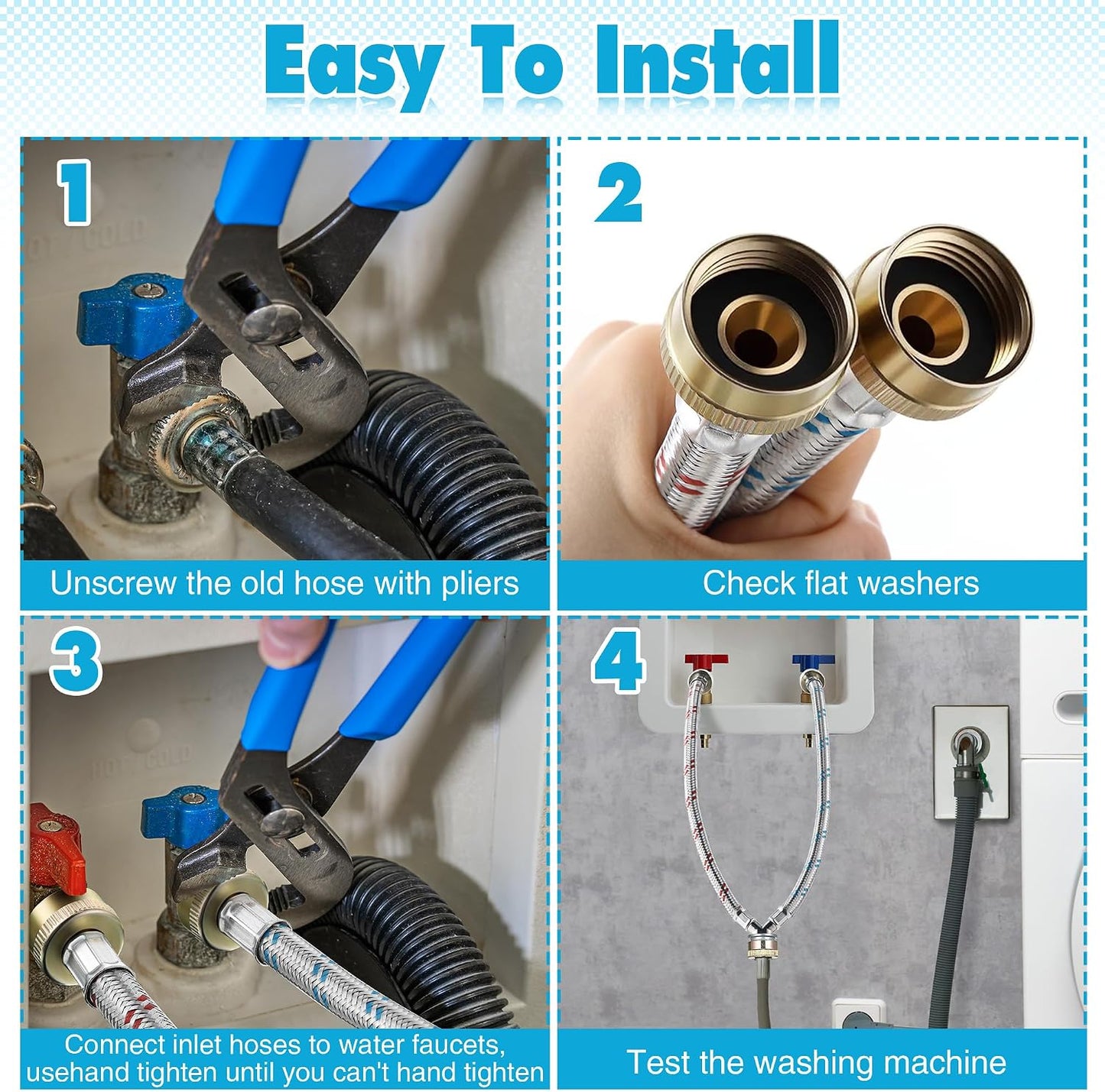 Hose Y Connector, 1 Ft Washing Machine Y Hose Split Stainless Steel, 3/4 Inch Brass Fittings, Hot and Cold Color Coded for Washing Machine Outdoor Faucets(1 Pcs)