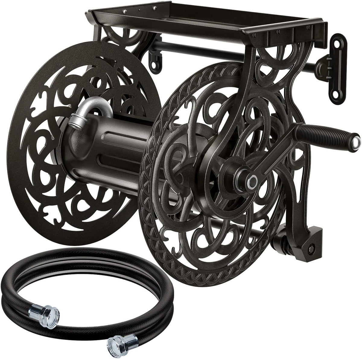 Metal Wall Mount Garden Hose Reel for Outside, Holds 125 ft x 5/8'' Hose Storage, Decorative Heavy Duty Water Hose Holder Aluminum Frame, No-Leak Aluminum Water System, Easy Assmbly, Dark Bronze