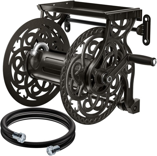 Metal Wall Mount Garden Hose Reel for Outside, Holds 125 ft x 5/8'' Hose Storage, Decorative Heavy Duty Water Hose Holder Aluminum Frame, No-Leak Aluminum Water System, Easy Assmbly, Dark Bronze