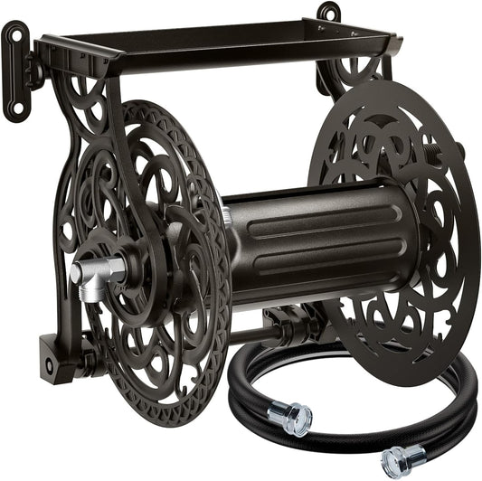 Metal Wall Mount Garden Hose Reel for Outside, Holds 125 ft x 5/8'' Hose Storage, Decorative Heavy Duty Water Hose Holder Aluminum Frame, No-Leak Aluminum Water System, Easy Assmbly, Dark Bronze