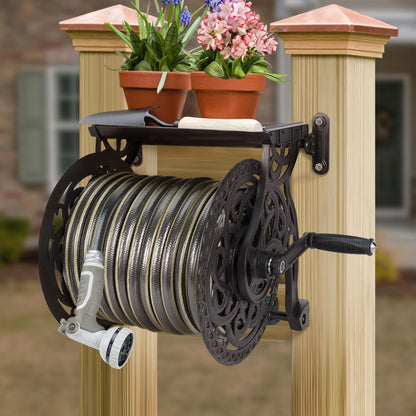 Metal Wall Mount Garden Hose Reel for Outside, Holds 125 ft x 5/8'' Hose Storage, Decorative Heavy Duty Water Hose Holder Aluminum Frame, No-Leak Aluminum Water System, Easy Assmbly, Dark Bronze