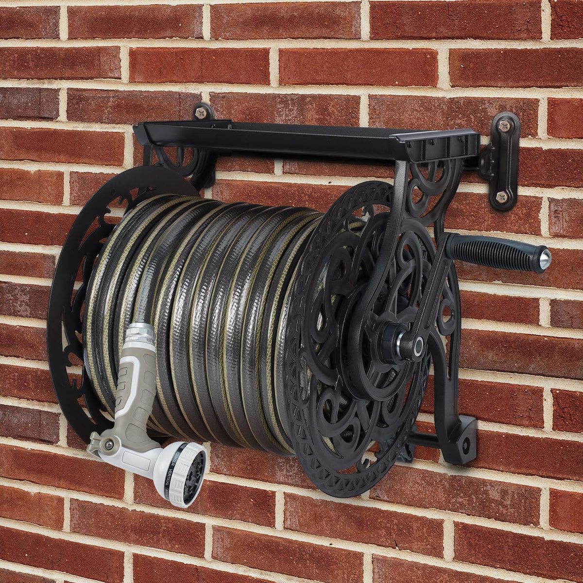 Metal Wall Mount Garden Hose Reel for Outside, Holds 125 ft x 5/8'' Hose Storage, Decorative Heavy Duty Water Hose Holder Aluminum Frame, No-Leak Aluminum Water System, Easy Assmbly, Dark Bronze