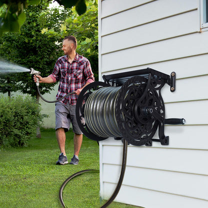 Metal Wall Mount Garden Hose Reel for Outside, Holds 125 ft x 5/8'' Hose Storage, Decorative Heavy Duty Water Hose Holder Aluminum Frame, No-Leak Aluminum Water System, Easy Assmbly, Dark Bronze