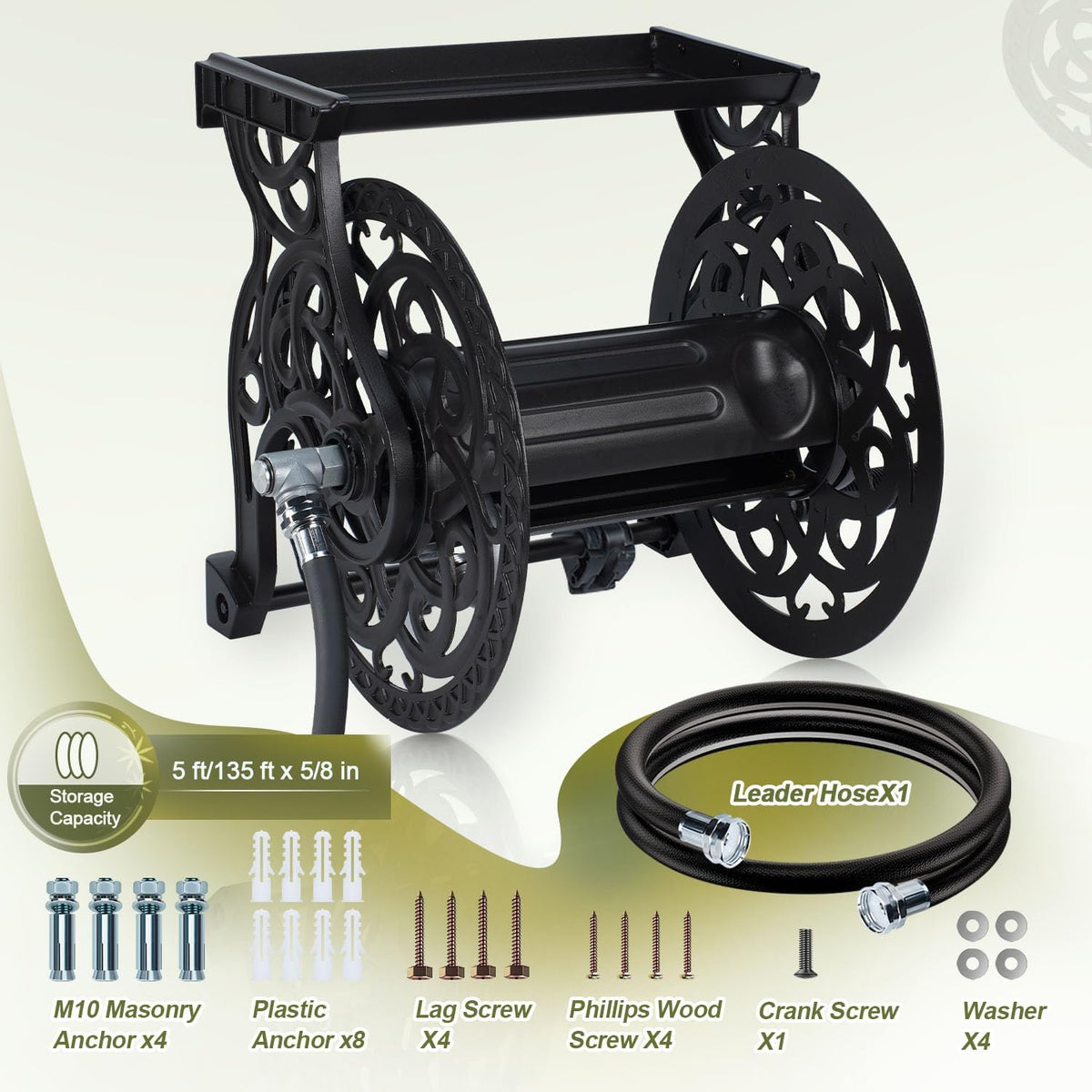 Metal Wall Mount Garden Hose Reel for Outside, Holds 125 ft x 5/8'' Hose Storage, Decorative Heavy Duty Water Hose Holder Aluminum Frame, No-Leak Aluminum Water System, Easy Assmbly, Dark Bronze