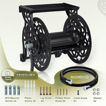 Metal Wall Mount Garden Hose Reel for Outside, Holds 125 ft x 5/8'' Hose Storage, Decorative Heavy Duty Water Hose Holder Aluminum Frame, No-Leak Aluminum Water System, Easy Assmbly, Dark Bronze