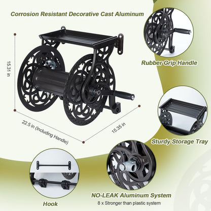 Metal Wall Mount Garden Hose Reel for Outside, Holds 125 ft x 5/8'' Hose Storage, Decorative Heavy Duty Water Hose Holder Aluminum Frame, No-Leak Aluminum Water System, Easy Assmbly, Dark Bronze