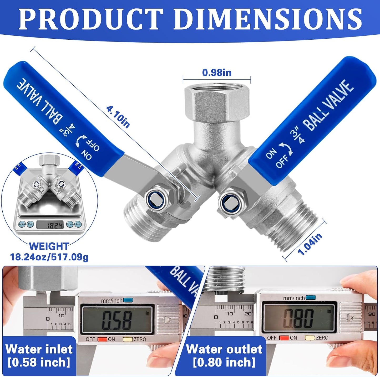 304 Stainless Steel Garden Hose Splitter 2 Way Heavy Duty Garden Hose Y Splitter, 3/4" GHT Water Hose Splitter 2 Way, Full Flow Garden Hose Splitter Adapter With Wrench