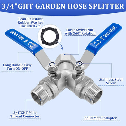 304 Stainless Steel Garden Hose Splitter 2 Way Heavy Duty Garden Hose Y Splitter, 3/4" GHT Water Hose Splitter 2 Way, Full Flow Garden Hose Splitter Adapter With Wrench