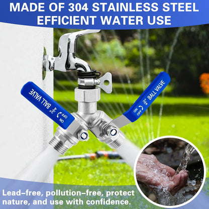 304 Stainless Steel Garden Hose Splitter 2 Way Heavy Duty Garden Hose Y Splitter, 3/4" GHT Water Hose Splitter 2 Way, Full Flow Garden Hose Splitter Adapter With Wrench