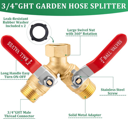 304 Stainless Steel Garden Hose Splitter 2 Way Heavy Duty Garden Hose Y Splitter, 3/4" GHT Water Hose Splitter 2 Way, Full Flow Garden Hose Splitter Adapter With Wrench