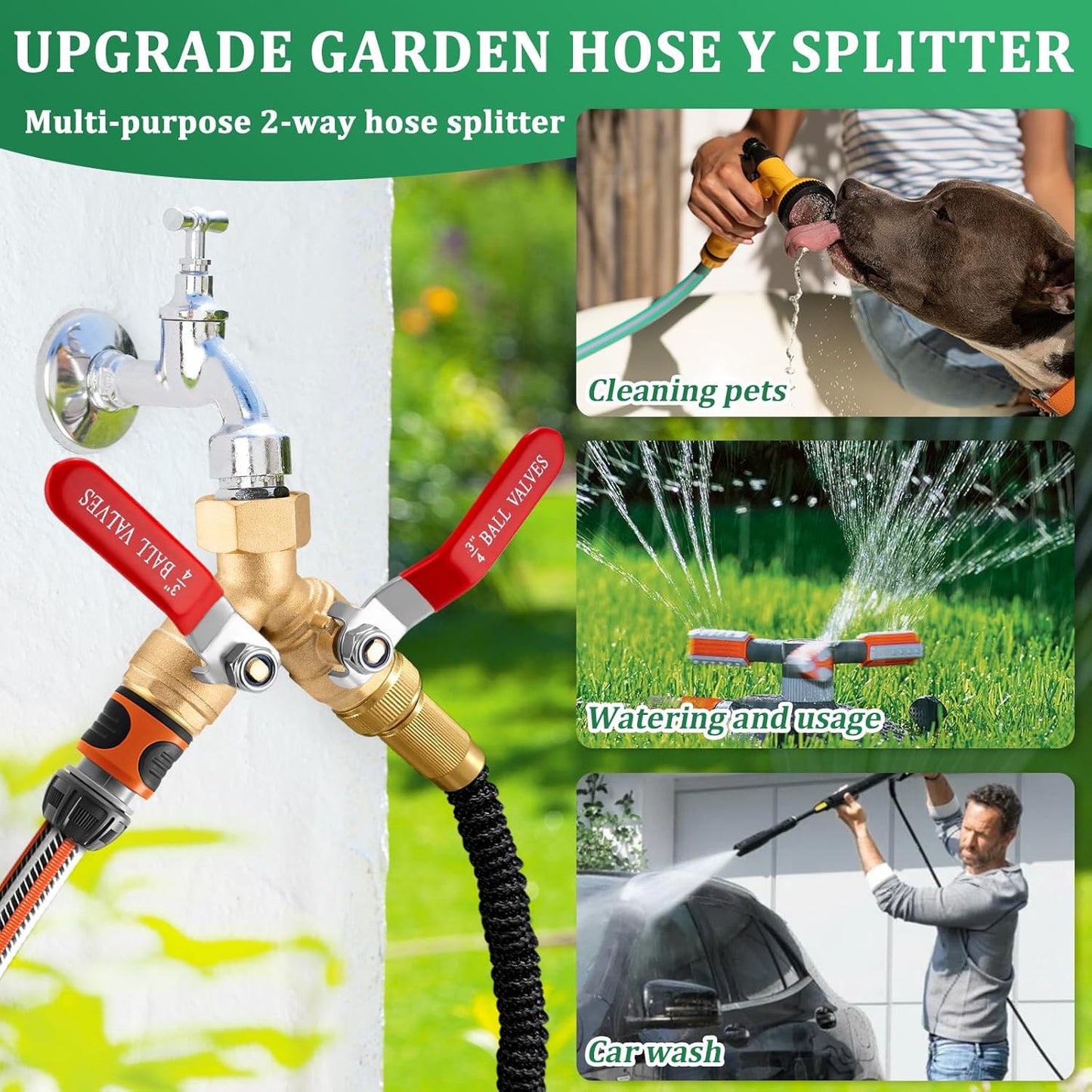 304 Stainless Steel Garden Hose Splitter 2 Way Heavy Duty Garden Hose Y Splitter, 3/4" GHT Water Hose Splitter 2 Way, Full Flow Garden Hose Splitter Adapter With Wrench