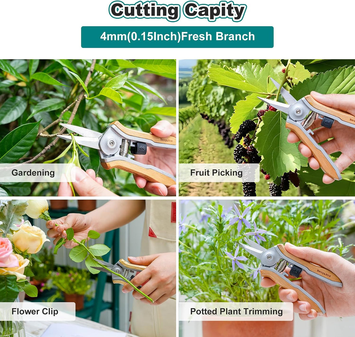 Mini Pruning Shears for Gardening Straight Blades Hand Pruners with Wooden Handle Garden Scissors Snips Stainless Steel Trimming Small Clippers Bonsai Compact Size Shearing Tool