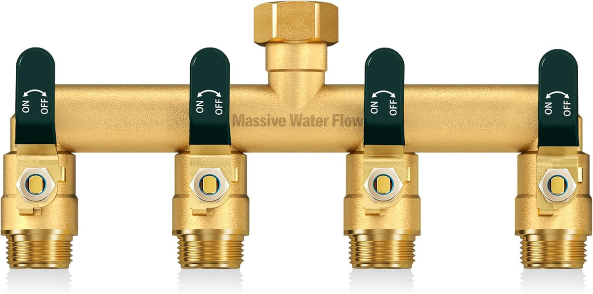 4 Way Hose Splitter, Heavy Duty Full Flow Garden Hose Splitter with 4 Large Metal Handles, Brass Water Hose Bib Splitter, T Adapter Connector with 3/4 - Inch GHT Thread (Green)