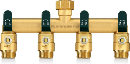 4 Way Hose Splitter, Heavy Duty Full Flow Garden Hose Splitter with 4 Large Metal Handles, Brass Water Hose Bib Splitter, T Adapter Connector with 3/4 - Inch GHT Thread (Green)