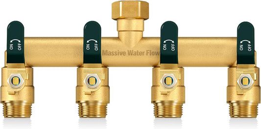 4 Way Hose Splitter, Heavy Duty Full Flow Garden Hose Splitter with 4 Large Metal Handles, Brass Water Hose Bib Splitter, T Adapter Connector with 3/4 - Inch GHT Thread (Green)