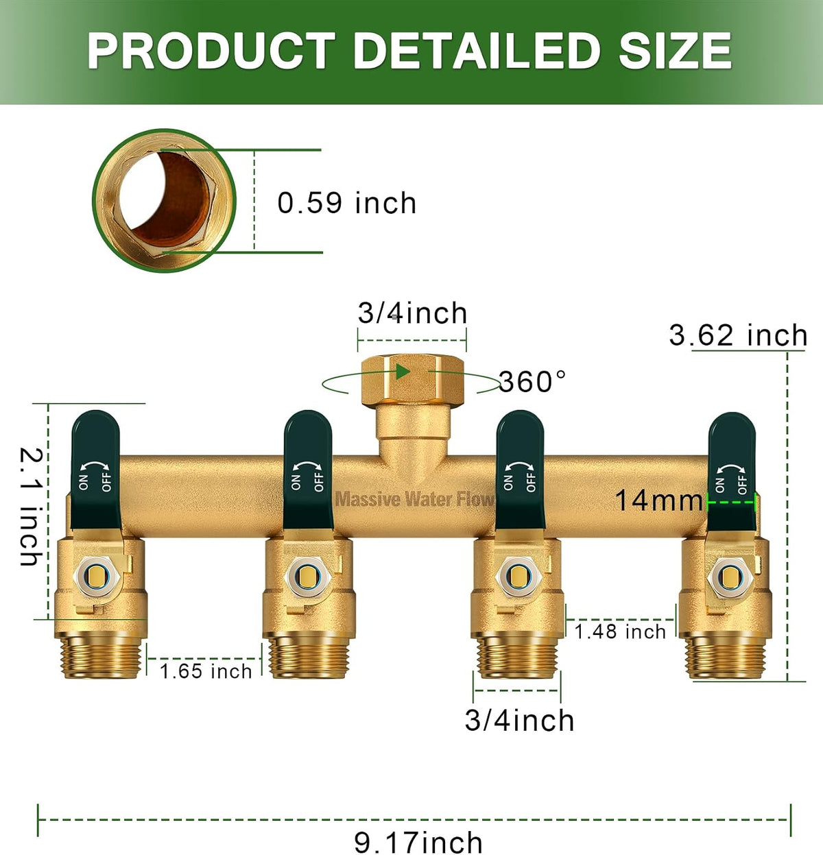 4 Way Hose Splitter, Heavy Duty Full Flow Garden Hose Splitter with 4 Large Metal Handles, Brass Water Hose Bib Splitter, T Adapter Connector with 3/4 - Inch GHT Thread (Green)