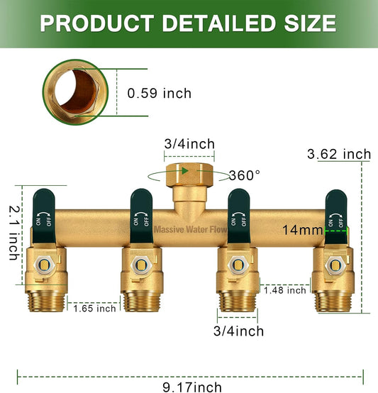 4 Way Hose Splitter, Heavy Duty Full Flow Garden Hose Splitter with 4 Large Metal Handles, Brass Water Hose Bib Splitter, T Adapter Connector with 3/4 - Inch GHT Thread (Green)