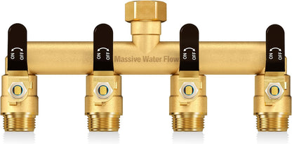 4 Way Hose Splitter, Heavy Duty Full Flow Garden Hose Splitter with 4 Large Metal Handles, Brass Water Hose Bib Splitter, T Adapter Connector with 3/4 - Inch GHT Thread (Green)