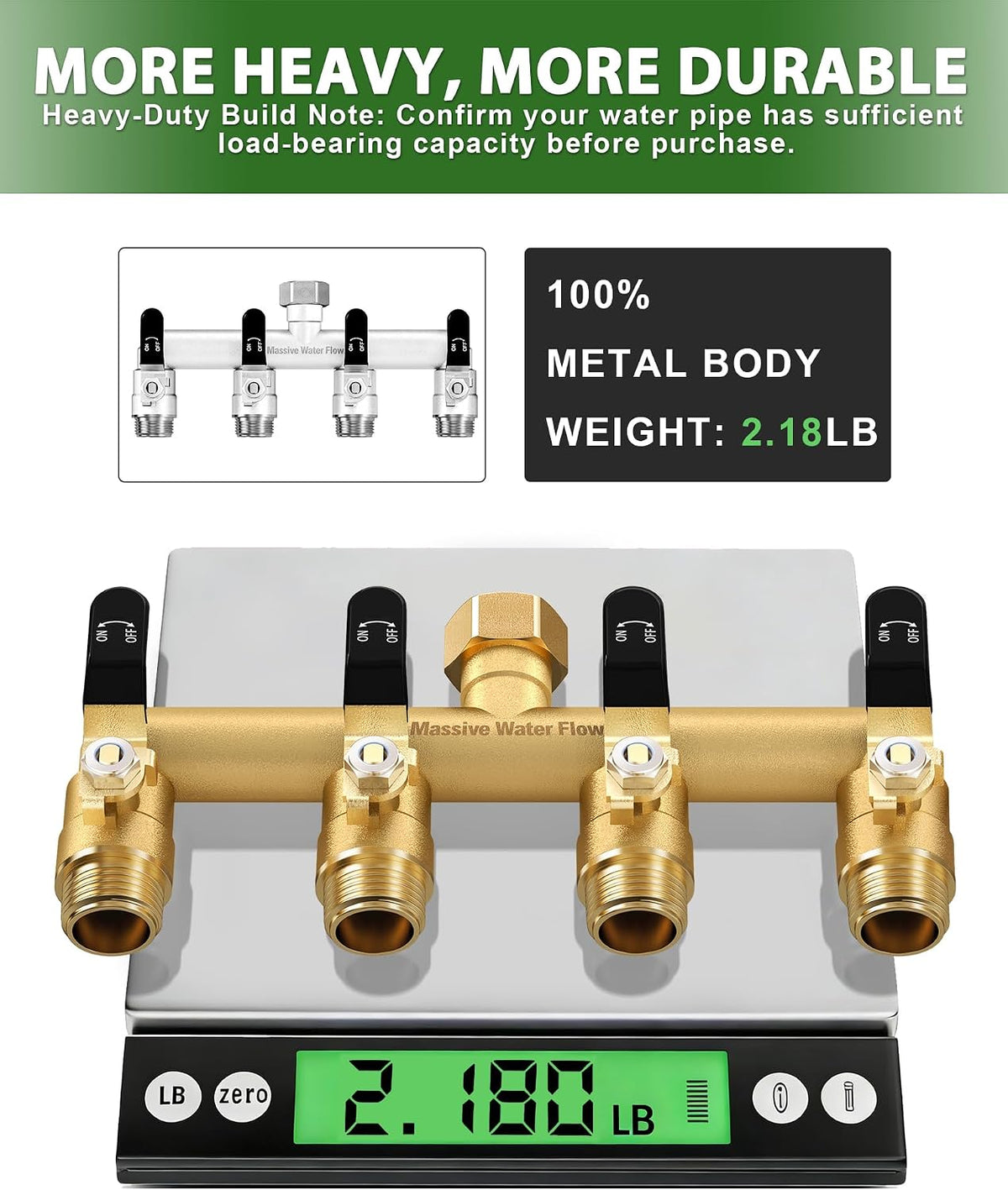 4 Way Hose Splitter, Heavy Duty Full Flow Garden Hose Splitter with 4 Large Metal Handles, Brass Water Hose Bib Splitter, T Adapter Connector with 3/4 - Inch GHT Thread (Green)