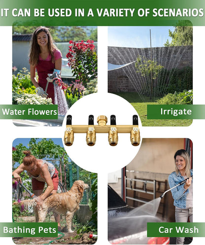 4 Way Hose Splitter, Heavy Duty Full Flow Garden Hose Splitter with 4 Large Metal Handles, Brass Water Hose Bib Splitter, T Adapter Connector with 3/4 - Inch GHT Thread (Green)