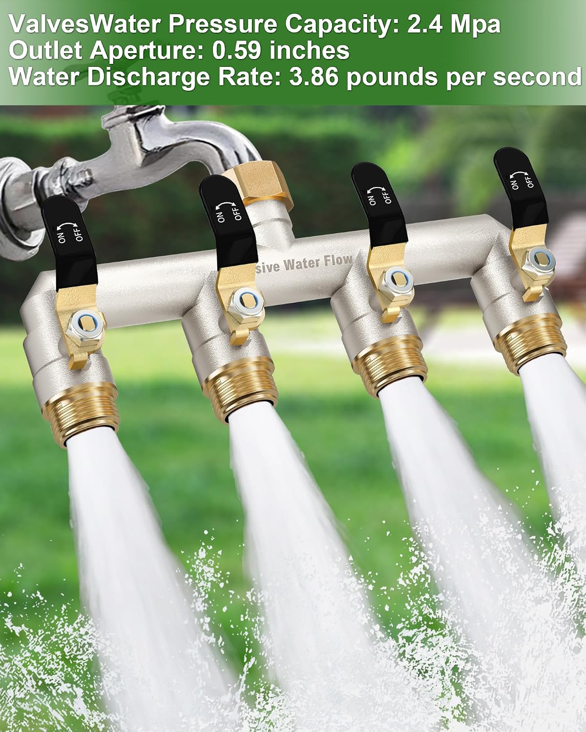 4 Way Hose Splitter, Heavy Duty Full Flow Garden Hose Splitter with 4 Large Metal Handles, Brass Water Hose Bib Splitter, T Adapter Connector with 3/4 - Inch GHT Thread (Green)
