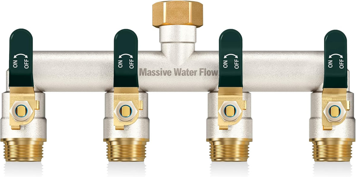 4 Way Hose Splitter, Heavy Duty Full Flow Garden Hose Splitter with 4 Large Metal Handles, Brass Water Hose Bib Splitter, T Adapter Connector with 3/4 - Inch GHT Thread (Green)
