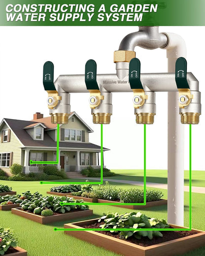 4 Way Hose Splitter, Heavy Duty Full Flow Garden Hose Splitter with 4 Large Metal Handles, Brass Water Hose Bib Splitter, T Adapter Connector with 3/4 - Inch GHT Thread (Green)