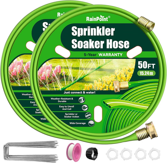 Sprinkler Hose with Holes 100FT, Flat Soaker Hose with Stakes, Lightweight Water Irrigation Sprinklers System for Garden, Lawn and Yard(50FT, 2Pack)