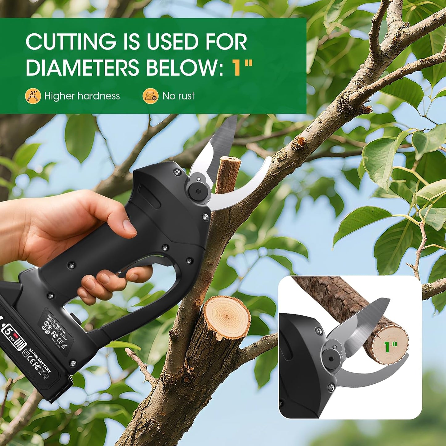 Electric Pruning Shears for Gardening, Portable Cordless Electric Pruner Suitable and Adjustable Cutting Diameter 1 Inch for Gardens, Farms (Included 2Pcs Battery)