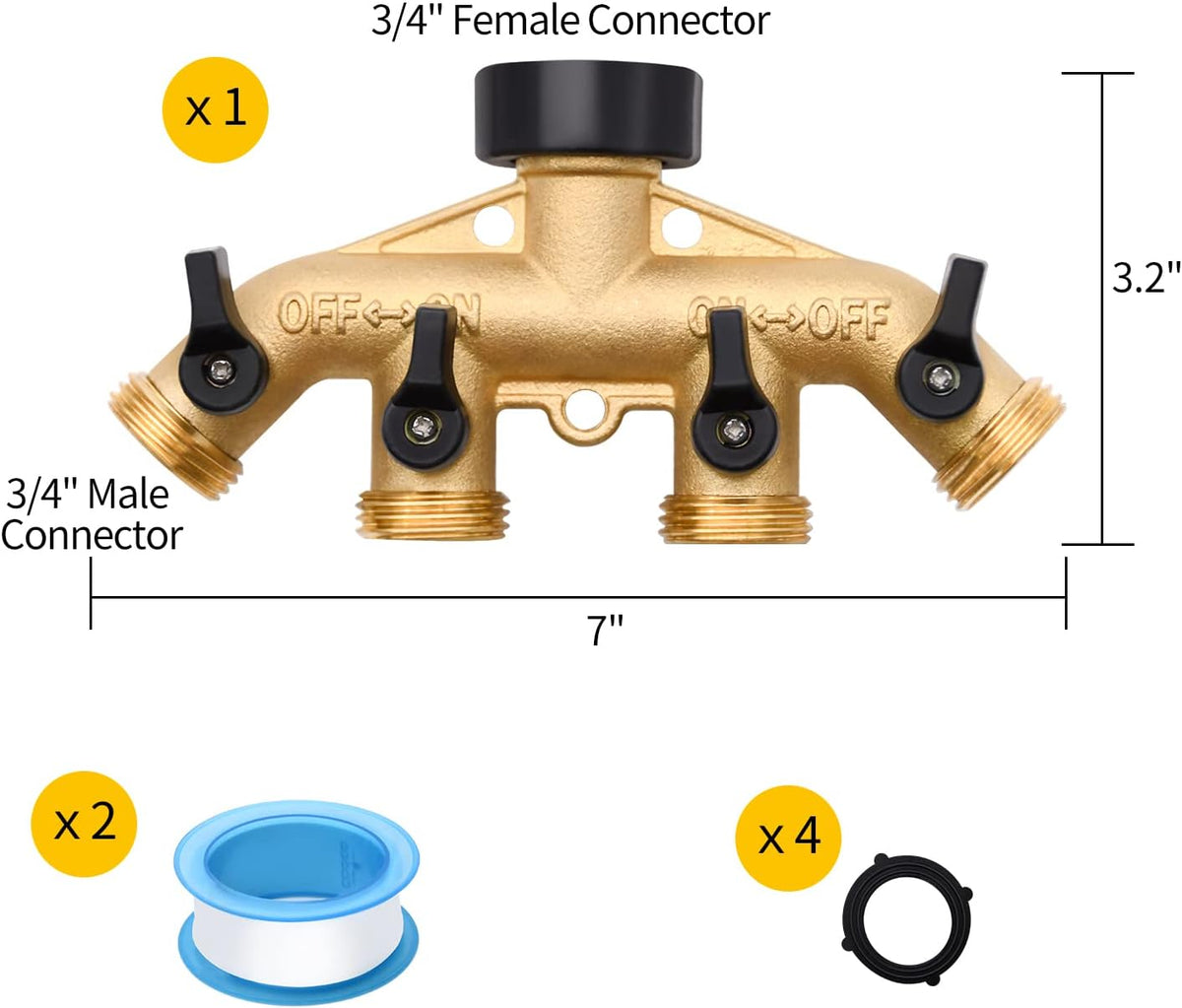 1/2/4 Pack 2 Way Hose Splitter, for 3/4" Hose Connector, with Rubber Washers & Tapes