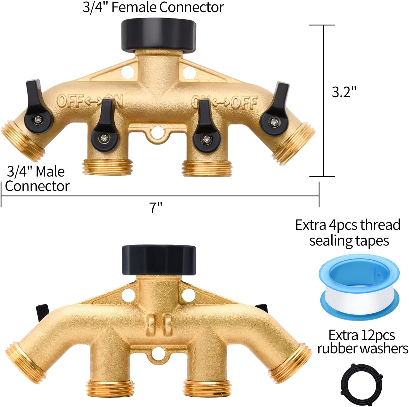1/2/4 Pack 2 Way Hose Splitter, for 3/4" Hose Connector, with Rubber Washers & Tapes