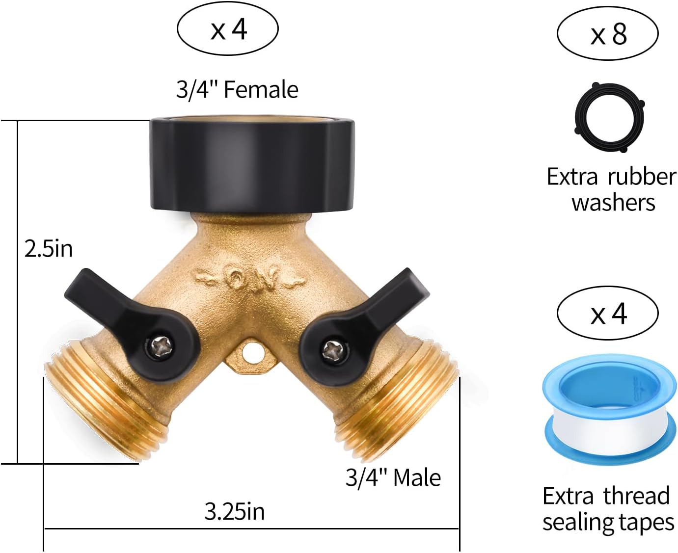 1/2/4 Pack 2 Way Hose Splitter, for 3/4" Hose Connector, with Rubber Washers & Tapes