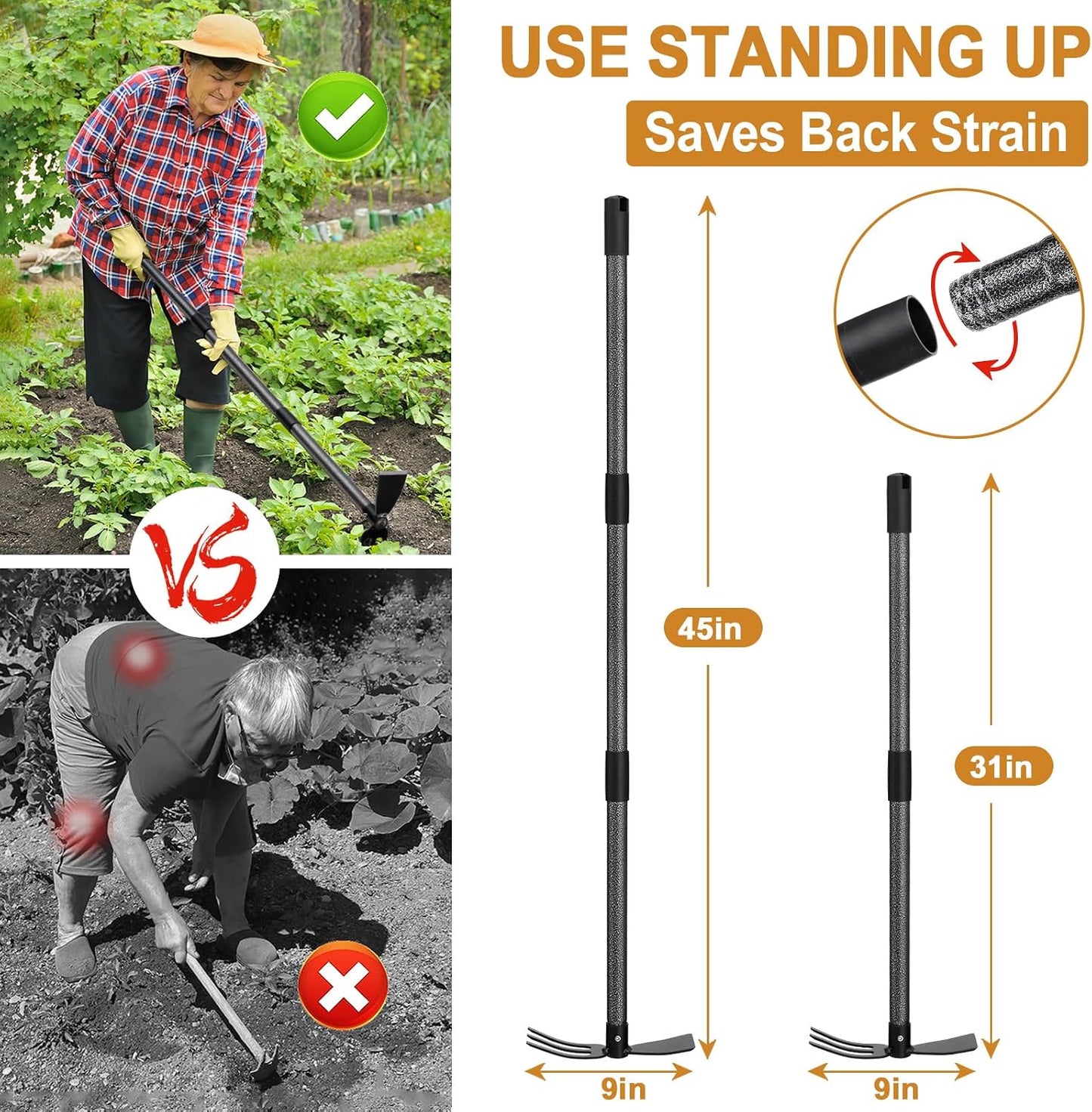 Garden Hoe Tool, 2-in-1 Heavy Duty Dual-Head Weeding Tool, 45" Adjustable Long Handle Cultivator for Weeding, Tilling, Lawn Yard Flower Bed Gardening Tool