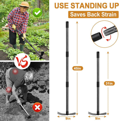 Garden Hoe Tool, 2-in-1 Heavy Duty Dual-Head Weeding Tool, 45" Adjustable Long Handle Cultivator for Weeding, Tilling, Lawn Yard Flower Bed Gardening Tool