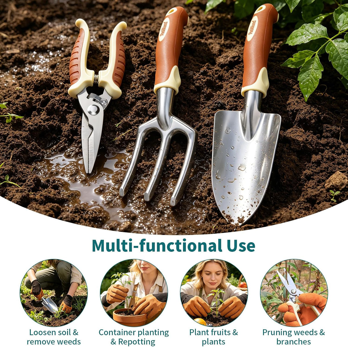Brown Garden Tools Set 10-Piece, Gardening Gifts for Women Men