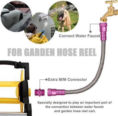 304 Stainless Steel 3 Feet Female to Female Garden Hose with Pink Male to Male Connector for Garden Hose Reel Cart (3ft)