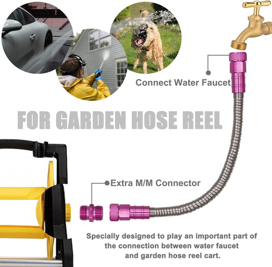 304 Stainless Steel 3 Feet Female to Female Garden Hose with Pink Male to Male Connector for Garden Hose Reel Cart (3ft)
