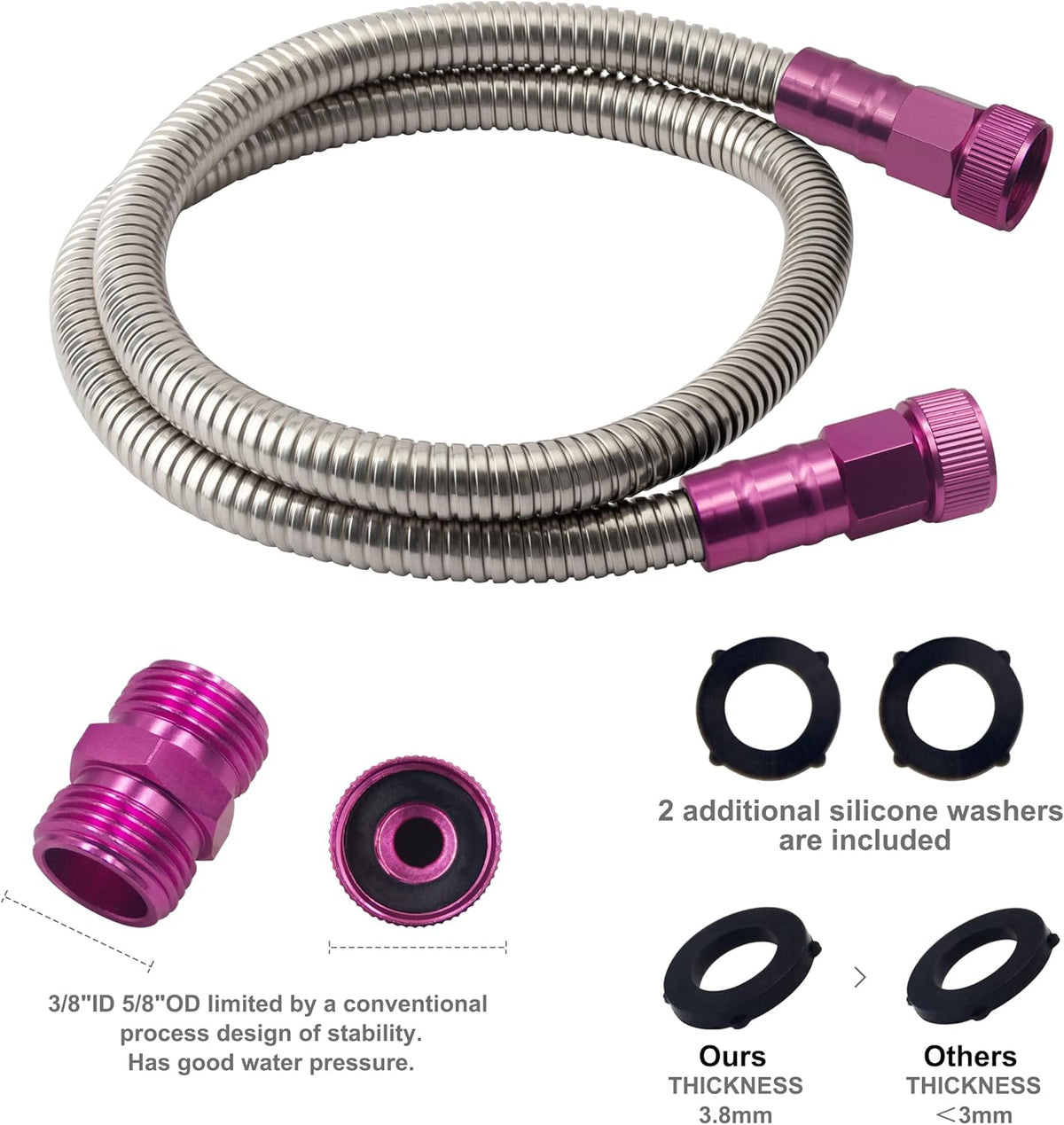 304 Stainless Steel 3 Feet Female to Female Garden Hose with Pink Male to Male Connector for Garden Hose Reel Cart (3ft)