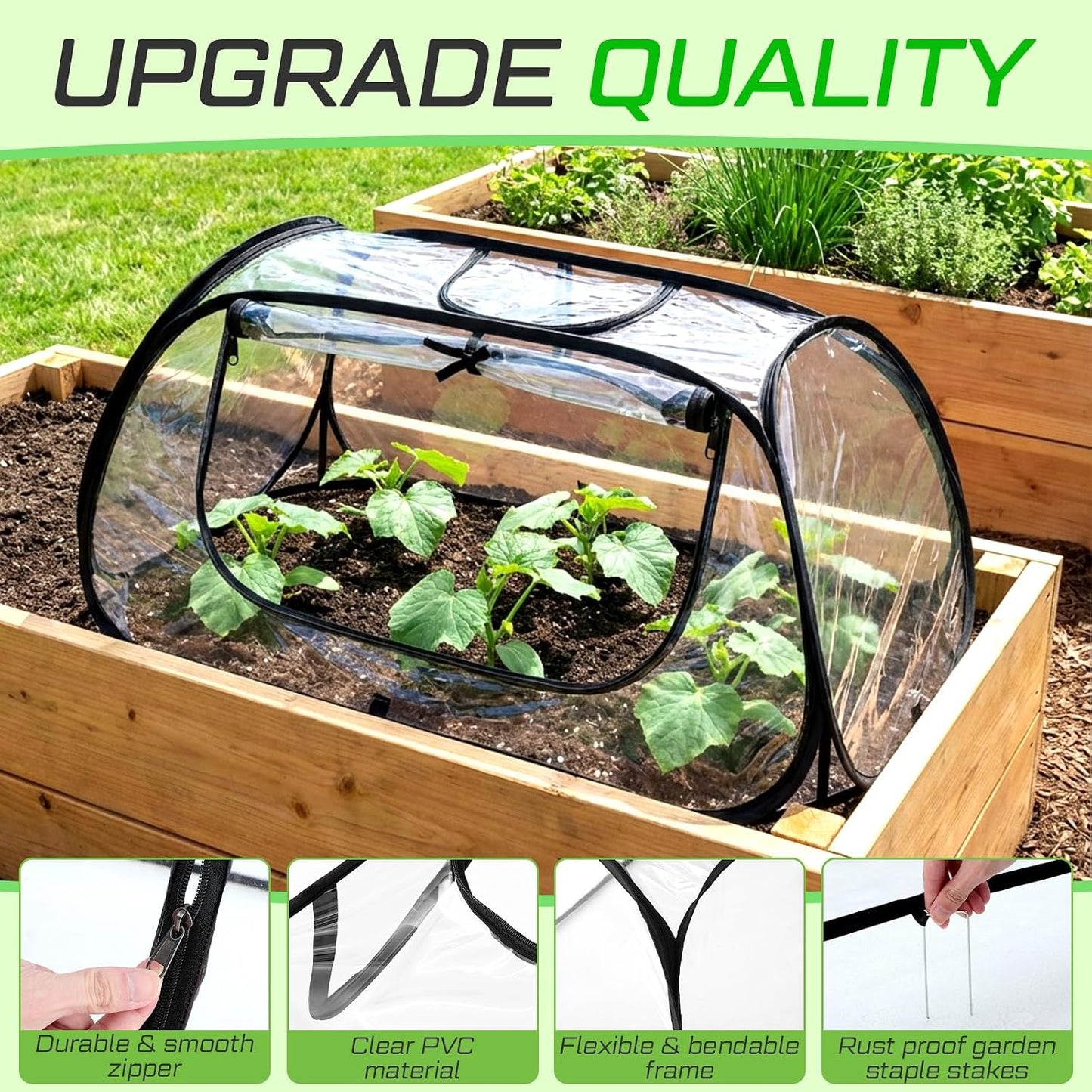 2 Pack Garden Covers for Raised Bed Foldable Clear PVC Greenhouse for Freeze Protection Row Plants Cover Accelerator with Zipper Door Black 32"x13"x14" Protection Vegetable Fruit from Animal