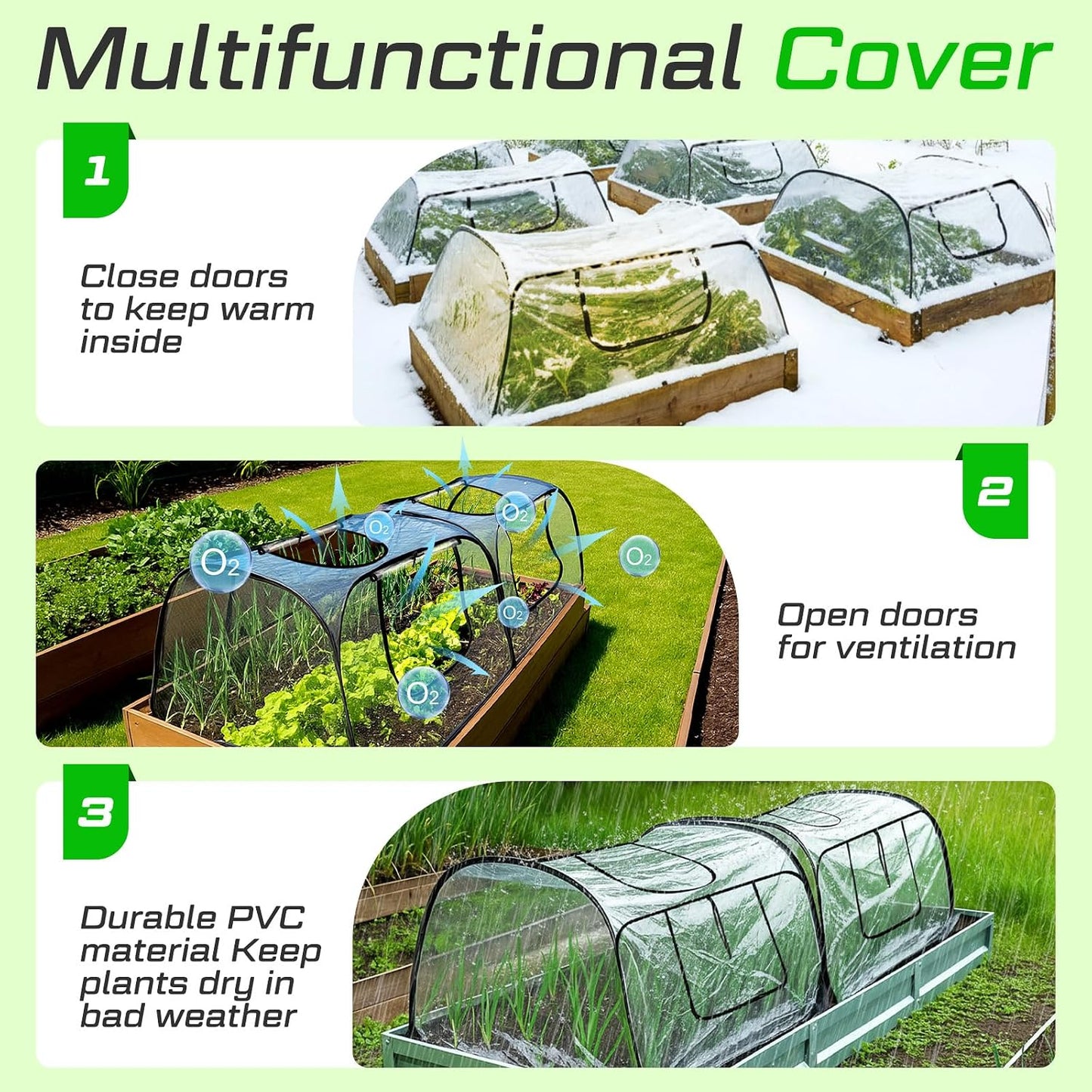 2 Pack Garden Covers for Raised Bed Foldable Clear PVC Greenhouse for Freeze Protection Row Plants Cover Accelerator with Zipper Door Black 32"x13"x14" Protection Vegetable Fruit from Animal