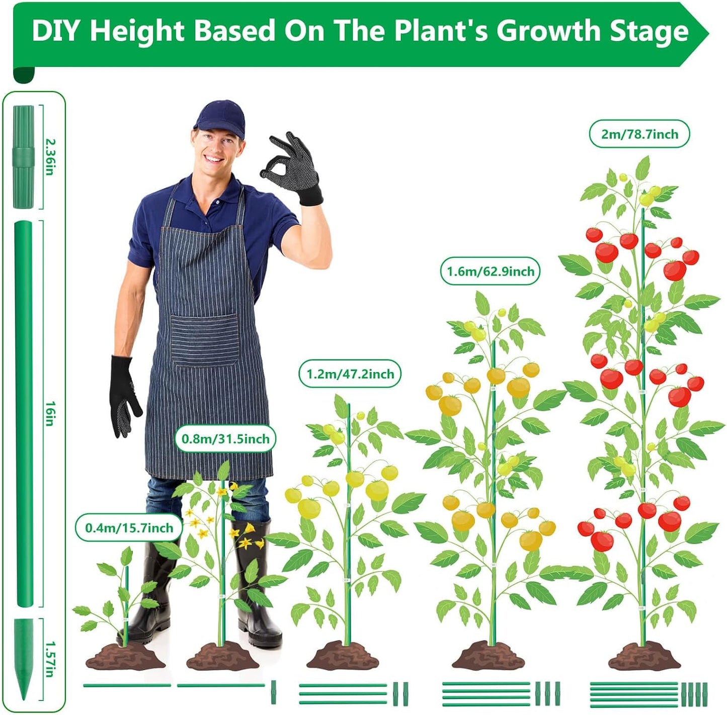 80 Pack Garden Stakes(16" Each), Plant Support Stakes, DIY 4ft 5ft 6ft 7ft Sturdy Fiberglass Plant Sticks Support Garden Trellis for Growing Climbing Tomato Vegetables Flowers