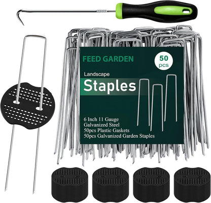 Landscape Staples 6 Inch 50 Pack Kit, Heavy Duty 11 Gauge Hot-Dip Galvanized Garden Stakes with 50 Gaskets & 1 Pick Hook for Weed Barrier, Landscape Fabric, Sod, Turf & Garden Edging