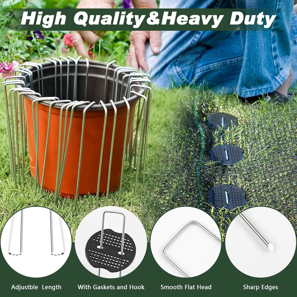 Landscape Staples 6 Inch 50 Pack Kit, Heavy Duty 11 Gauge Hot-Dip Galvanized Garden Stakes with 50 Gaskets & 1 Pick Hook for Weed Barrier, Landscape Fabric, Sod, Turf & Garden Edging