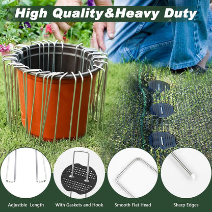 Landscape Staples 6 Inch 50 Pack Kit, Heavy Duty 11 Gauge Hot-Dip Galvanized Garden Stakes with 50 Gaskets & 1 Pick Hook for Weed Barrier, Landscape Fabric, Sod, Turf & Garden Edging