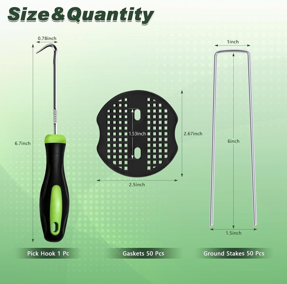Landscape Staples 6 Inch 50 Pack Kit, Heavy Duty 11 Gauge Hot-Dip Galvanized Garden Stakes with 50 Gaskets & 1 Pick Hook for Weed Barrier, Landscape Fabric, Sod, Turf & Garden Edging