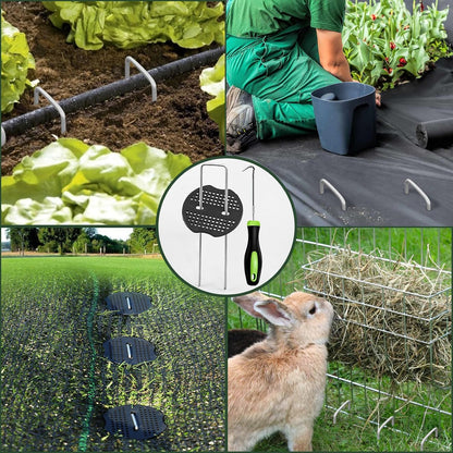 Landscape Staples 6 Inch 50 Pack Kit, Heavy Duty 11 Gauge Hot-Dip Galvanized Garden Stakes with 50 Gaskets & 1 Pick Hook for Weed Barrier, Landscape Fabric, Sod, Turf & Garden Edging