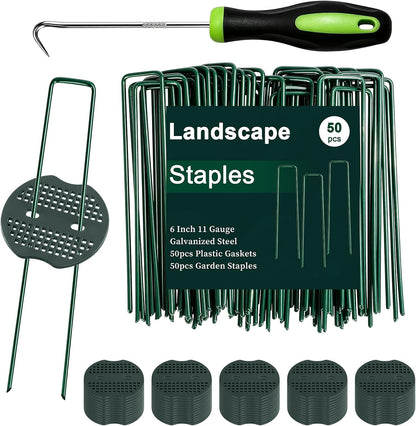 Landscape Staples 6 Inch 50 Pack Kit, Heavy Duty 11 Gauge Hot-Dip Galvanized Garden Stakes with 50 Gaskets & 1 Pick Hook for Weed Barrier, Landscape Fabric, Sod, Turf & Garden Edging