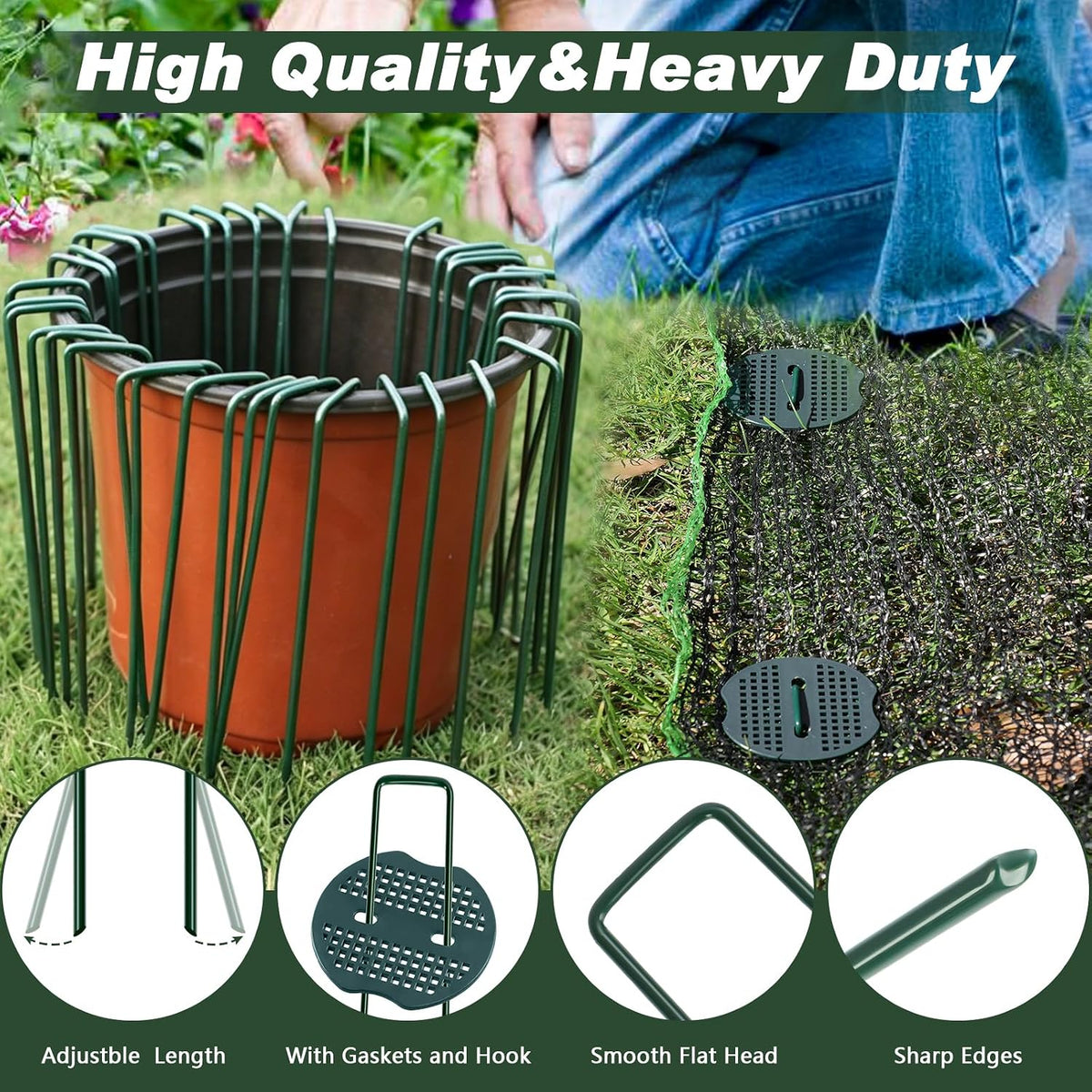 Landscape Staples 6 Inch 50 Pack Kit, Heavy Duty 11 Gauge Hot-Dip Galvanized Garden Stakes with 50 Gaskets & 1 Pick Hook for Weed Barrier, Landscape Fabric, Sod, Turf & Garden Edging