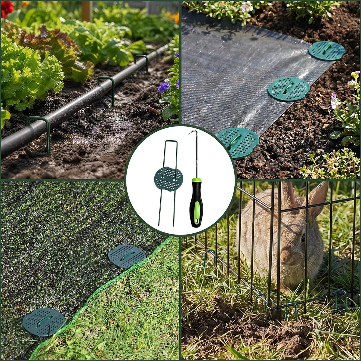 Landscape Staples 6 Inch 50 Pack Kit, Heavy Duty 11 Gauge Hot-Dip Galvanized Garden Stakes with 50 Gaskets & 1 Pick Hook for Weed Barrier, Landscape Fabric, Sod, Turf & Garden Edging