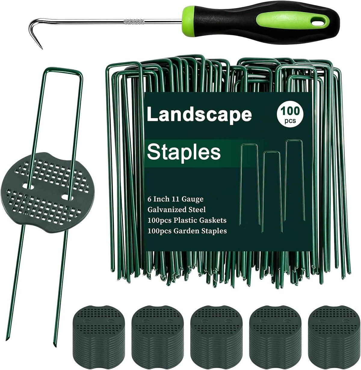 Landscape Staples 6 Inch 50 Pack Kit, Heavy Duty 11 Gauge Hot-Dip Galvanized Garden Stakes with 50 Gaskets & 1 Pick Hook for Weed Barrier, Landscape Fabric, Sod, Turf & Garden Edging